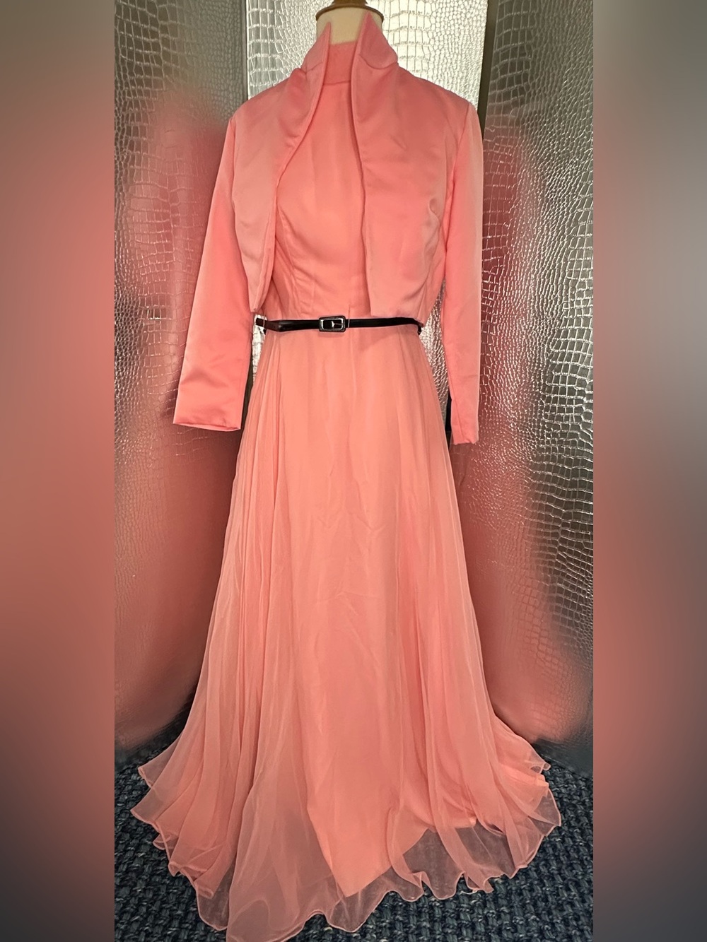 Vintage Two Piece High Neck Pink Flowing Maxi Gown with Bolero Jacket